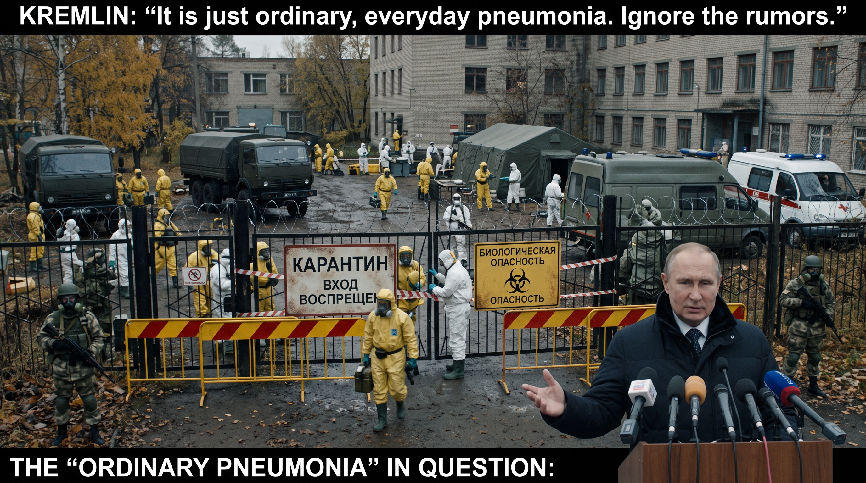 Satirical poster. Top banner: &lsquo;KREMLIN: &ldquo;It is just ordinary, everyday pneumonia. Ignore the rumors.&rdquo;&rsquo; The image shows a sealed-off Russian hospital courtyard swarming with workers in yellow and white hazmat suits and respirators, military trucks and ambulances, a field decontamination tent, razor wire, and barriers &mdash; with Russian-language signs reading &lsquo;КАРАНТИН / ВХОД ВОСПРЕЩЕН&rsquo; (Quarantine / No Entry) and a biohazard warning &lsquo;БИОЛОГИЧЕСКАЯ ОПАСНОСТЬ&rsquo; (Biological Hazard). At lower right, a Putin-like official gestures dismissively at a bank of news microphones. Bottom banner: &lsquo;THE &ldquo;ORDINARY PNEUMONIA&rdquo; IN QUESTION:&rsquo;