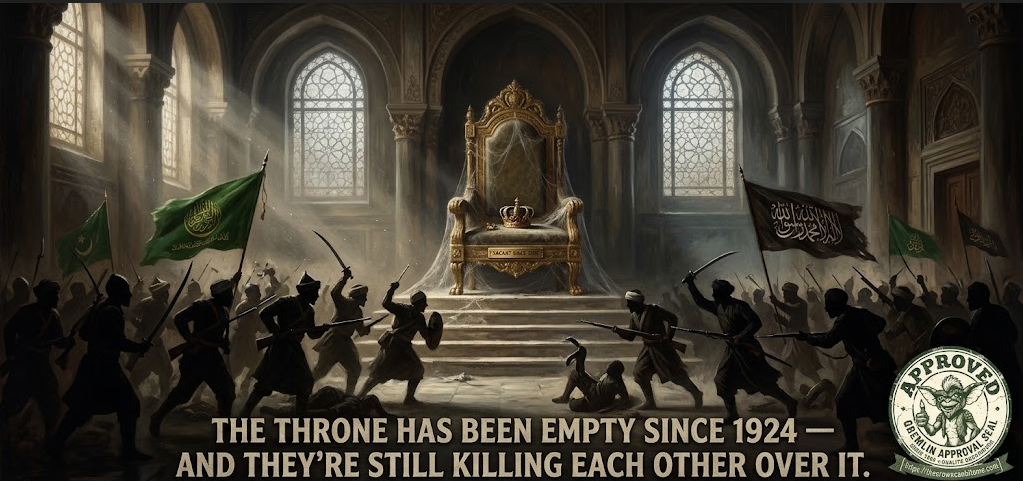 A vast, dim Ottoman throne hall rendered like a museum oil painting, shafts of dusty light falling from high windows. At the center, raised on marble steps, an ornate gilded caliph&rsquo;s throne sits empty and draped in cobwebs and a thin film of dust, a fallen crown on the seat, a small brass plate reading &lsquo;VACANT SINCE 1924.&rsquo; In the shadowed foreground, two armies of silhouetted soldiers &mdash; one under a green Sunni banner, one under a Shia banner &mdash; charge at each other across the marble floor, swords and rifles raised, bodies already falling. Neither looks at the throne they are fighting over. Bottom caption: &lsquo;THE THRONE HAS BEEN EMPTY SINCE 1924 &mdash; AND THEY&rsquo;RE STILL KILLING EACH OTHER OVER IT.&rsquo; A circular Gremlin Approval Seal from thecrowncanbiteme.com sits in the lower-right corner.