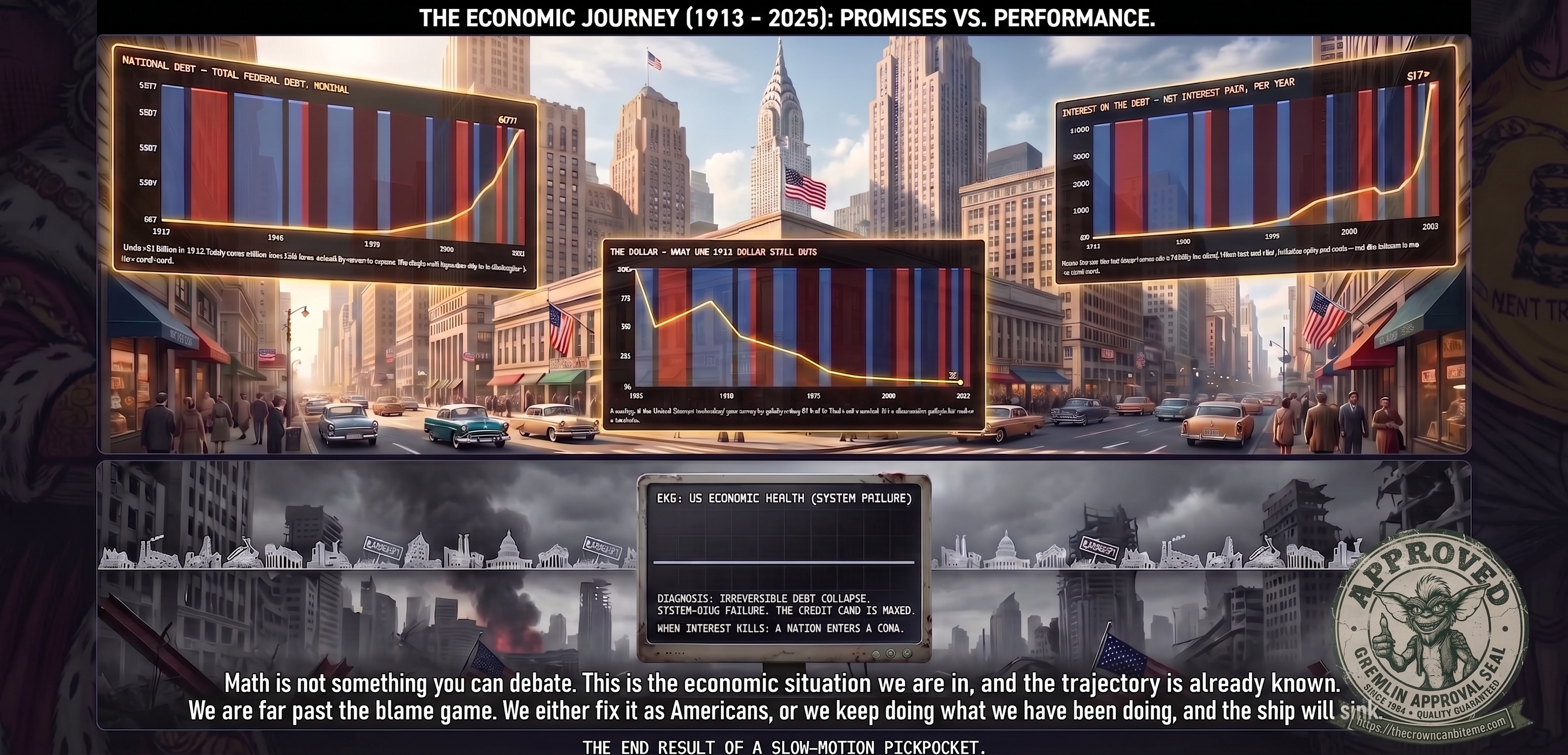 The Economic Journey 1913–2025: Promises vs. Performance — three panels showing national debt rising to $60.7 trillion, the dollar's purchasing power collapsing 96 percent since 1913, net interest payments climbing past $1 trillion per year, and an EKG flatline labeled Irreversible Debt Collapse.