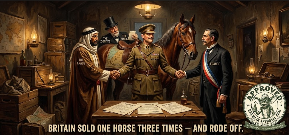 A dim, lamp-lit 1917 back room rendered like an oil painting. A smug British officer in khaki and Sam Browne belt stands at the center holding the reins of a single nervous horse draped with a saddle-blanket map of Palestine. He is shaking hands with three different buyers at once &mdash; to his left an Arab notable in robes and keffiyeh (labeled &lsquo;THE ARABS&rsquo;), to his right a French diplomat in a tricolor sash (&lsquo;FRANCE&rsquo;), and over his shoulder a top-hatted European gentleman holding a letter (&lsquo;THE ZIONISTS&rsquo;) &mdash; each one certain the horse is his. On the table, three signed contracts overlap. Bottom caption: &lsquo;BRITAIN SOLD ONE HORSE THREE TIMES &mdash; AND RODE OFF.&rsquo; A circular Gremlin Approval Seal from thecrowncanbiteme.com sits in the lower-right corner.