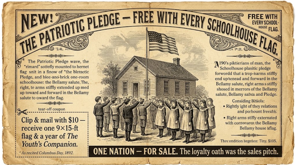 A mock 1890s magazine advertisement on aged, cracked newsprint in ornate Victorian type. Headline across the top: &lsquo;NEW! THE PATRIOTIC PLEDGE &mdash; FREE WITH EVERY SCHOOLHOUSE FLAG.&rsquo; with &lsquo;FREE WITH EVERY SCHOOLHOUSE FLAG&rsquo; boxed in the upper-right corner. Center: an engraving of an American flag flying over a one-room schoolhouse, two columns of children &mdash; boys and pinafored girls &mdash; standing in ranks below with right arms stiffly extended in the Bellamy salute. Columns of mock period ad-copy flank the engraving describing the pledge and the Bellamy salute. A dashed tear-off coupon in the lower-left reads &lsquo;Clip & mail with $10 &mdash; receive one 9&times;15-ft flag & a year of The Youth&rsquo;s Companion,&rsquo; with the footnote &lsquo;As recited Columbus Day, 1892.&rsquo; A black bottom banner reads &lsquo;ONE NATION &mdash; FOR SALE. The loyalty oath was the sales pitch.&rsquo;