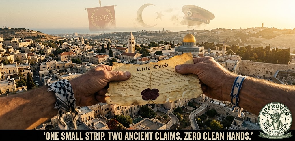 A single cinematic frame of one small strip of sun-bleached land seen from above at golden hour &mdash; the hills of Jerusalem and the Mediterranean coast &mdash; with the gold Dome of the Rock, a church bell-tower, and the Western Wall all crowded into the same few square miles. Two weathered hands reach in from opposite edges of the frame, each gripping the same yellowed, wax-sealed title deed, neither letting go; one wrist wears a frayed Palestinian keffiyeh thread, the other a worn Star-of-David cord. Ghosted faintly across the sky behind them, a Roman legion standard, an Ottoman crescent, and a British officer&rsquo;s cap dissolve into dust. Bottom caption: &lsquo;ONE SMALL STRIP. TWO ANCIENT CLAIMS. ZERO CLEAN HANDS.&rsquo; A circular Gremlin Approval Seal from thecrowncanbiteme.com sits in the lower-right corner.