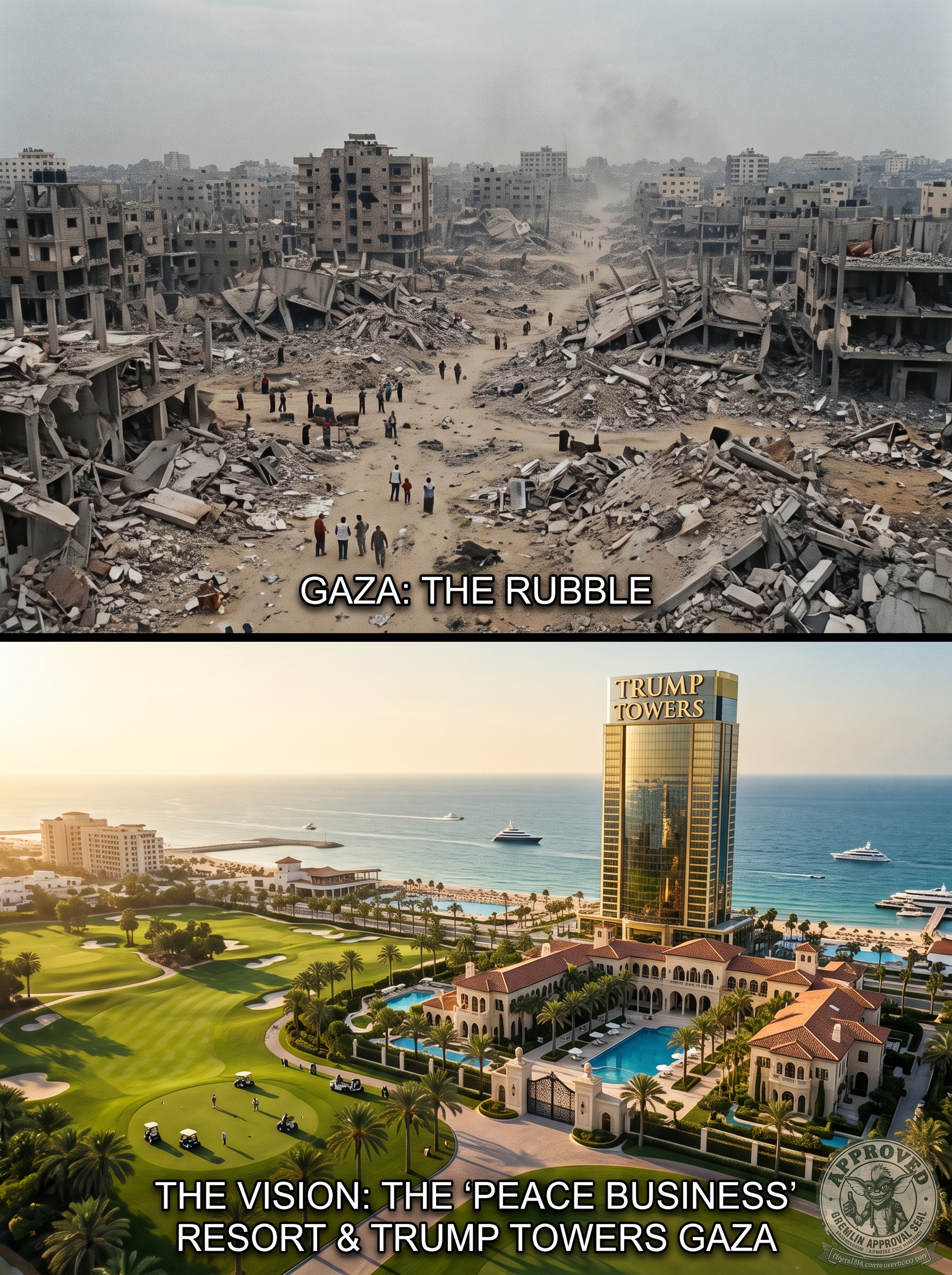 A two-panel contrast graphic. Top panel, captioned &lsquo;GAZA: THE RUBBLE,&rsquo; is an aerial view of a flattened city &mdash; block after block of pancaked, shelled-out concrete buildings with smoke rising in the distance and small groups of residents picking their way through the debris of what were once streets. Bottom panel, captioned &lsquo;THE VISION: THE &lsquo;PEACE BUSINESS&rsquo; RESORT & TRUMP TOWERS GAZA,&rsquo; is a glossy aerial rendering of the same coastline rebuilt as a luxury beachfront resort: a manicured green golf course with carts, palm-lined drives, Mediterranean-style villas with multiple swimming pools, superyachts moored offshore, and a gold mirror-glass skyscraper labeled &lsquo;TRUMP TOWERS&rsquo; rising over the beach. A circular &lsquo;Gremlin Approval Seal&rsquo; is stamped in the lower right.