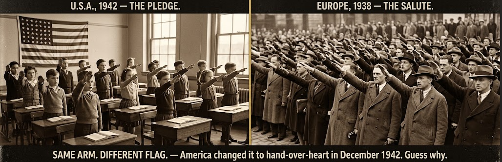 Two sepia photographs side by side showing the same stiff-arm pose. LEFT, labeled &lsquo;U.S.A., 1942 &mdash; THE PLEDGE&rsquo;: a classroom of American schoolchildren standing between desks, right arms rigidly extended toward a 48-star flag on the wall. RIGHT, labeled &lsquo;EUROPE, 1938 &mdash; THE SALUTE&rsquo;: a dense crowd of men in overcoats and hats at an outdoor rally, right arms raised in the identical extended-arm salute, no identifiable insignia. A thin gold seam divides the two halves. Bottom caption: &lsquo;SAME ARM. DIFFERENT FLAG. &mdash; America changed it to hand-over-heart in December 1942. Guess why.&rsquo;