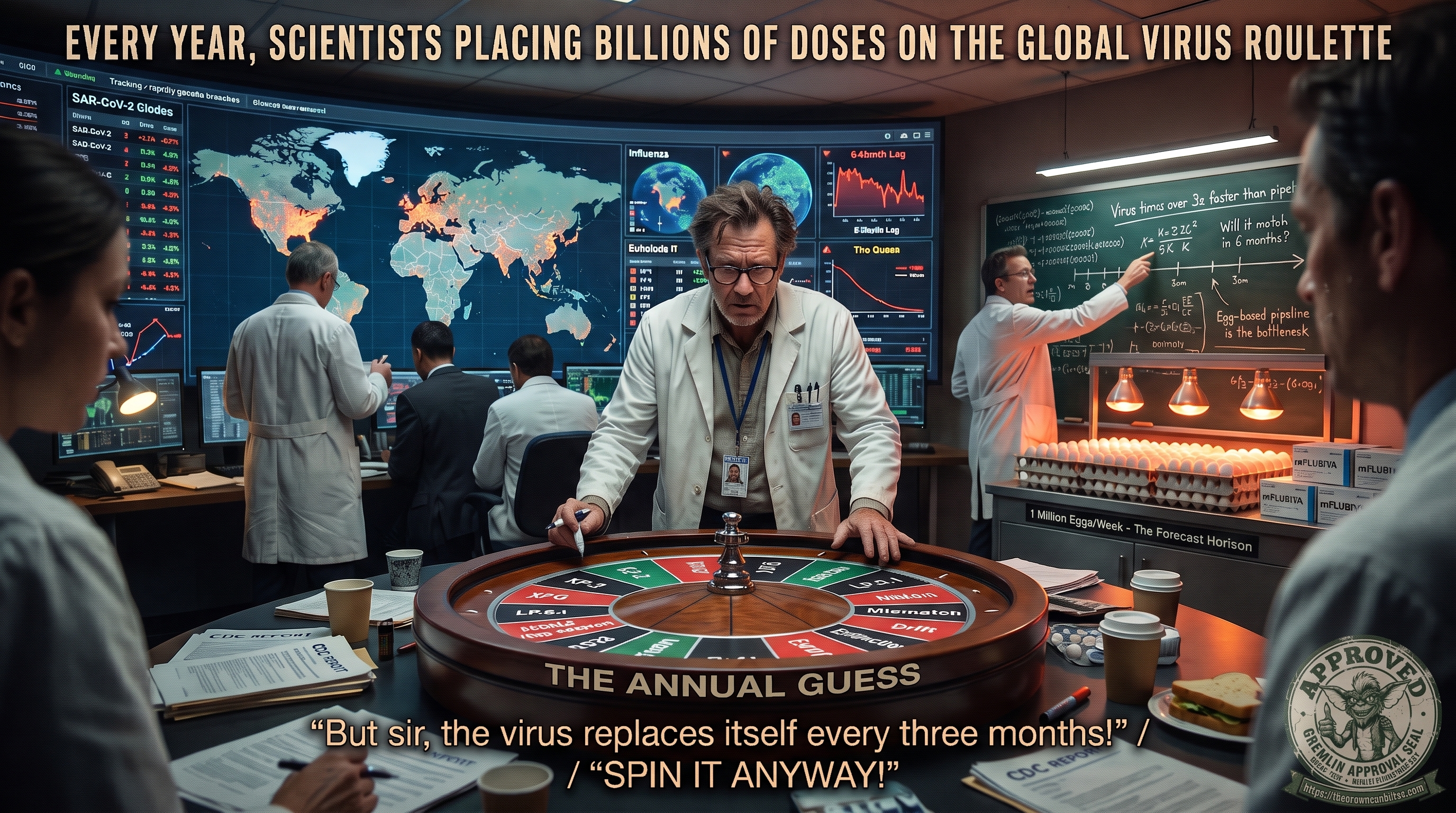 A cinematic lab-control-room scene titled &lsquo;EVERY YEAR, SCIENTISTS PLACING BILLIONS OF DOSES ON THE GLOBAL VIRUS ROULETTE.&rsquo; Scientists in white coats stand around a full-size casino roulette wheel labeled &lsquo;THE ANNUAL GUESS,&rsquo; its pockets marked with strain names like XFG, LP.8.1, and NB.1.8.1 alongside outcomes like &lsquo;Mismatch,&rsquo; &lsquo;Drift,&rsquo; and &lsquo;Recombination.&rsquo; Behind them, wall screens show SARS-CoV-2 clade trackers, influenza world maps, and a &lsquo;6-4mnth Lag&rsquo; chart; a chalkboard reads &lsquo;Virus turns over 3x faster than pipeline&rsquo; and &lsquo;Will it match in 6 months?&rsquo; with &lsquo;Egg-based pipeline is the bottleneck&rsquo; written below. To the right, racks of incubating eggs sit under heat lamps beside boxes labeled &lsquo;mFLUBIVA&rsquo; and a sign reading &lsquo;1 Million Eggs/Week &mdash; The Forecast Horizon.&rsquo; Bottom caption: &lsquo;But sir, the virus replaces itself every three months!&rsquo; / &lsquo;SPIN IT ANYWAY!&rsquo; A Gremlin Approval Seal from thecrowncanbiteme.com sits in the lower-right corner.