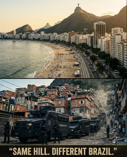 A vertically stacked split image captioned &lsquo;SAME HILL. DIFFERENT BRAZIL.&rsquo; Top half: the golden postcard Rio &mdash; the curved sweep of Copacabana beach at warm dusk, high-rises along the shore and Christ the Redeemer on the Corcovado ridge above. Bottom half, on the same hillside: a dense favela of stacked brick houses under a gray sky, with a line of black armored caveir&atilde;o police vehicles marked POL&Iacute;CIA MILITAR and riot-geared officers filling the street after Opera&ccedil;&atilde;o Conten&ccedil;&atilde;o. One frame, one country, split by a single ridgeline.