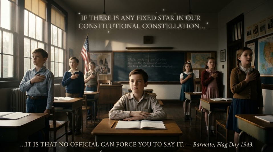A single boy seated at a wooden school desk during the Pledge, drawn with dignity. A period classroom bathed in soft morning light; every other student stands at their desk with hand over heart facing an American flag, slightly out of focus. In sharp focus at center, one boy sits quietly, hands folded on his desk, calm and composed &mdash; not defiant, just still. Across the top, rendered like a faint constellation of stars in the ceiling&rsquo;s shadow: &lsquo;IF THERE IS ANY FIXED STAR IN OUR CONSTITUTIONAL CONSTELLATION&hellip;&rsquo; Bottom caption: &lsquo;&hellip;IT IS THAT NO OFFICIAL CAN FORCE YOU TO SAY IT. &mdash; Barnette, Flag Day 1943.&rsquo;