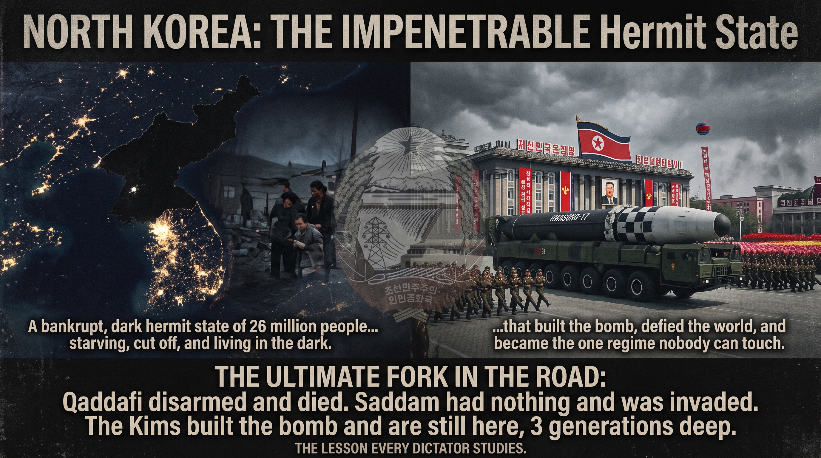 NORTH KOREA: THE IMPENETRABLE HERMIT STATE — a split frame. On the left, the peninsula dark from orbit and gaunt figures hauling a cart in the rubble: a bankrupt, blacked-out hermit state of 26 million people, starving and cut off. On the right, the Hwasong-17 ICBM rolling through a Pyongyang military parade under the national flag and the portrait of Kim Il Sung: the regime that built the bomb, defied the world, and became the one state nobody can touch. The caption below: THE ULTIMATE FORK IN THE ROAD — Qaddafi disarmed and died, Saddam had nothing and was invaded, the Kims built the bomb and are still here three generations deep. The lesson every dictator studies.