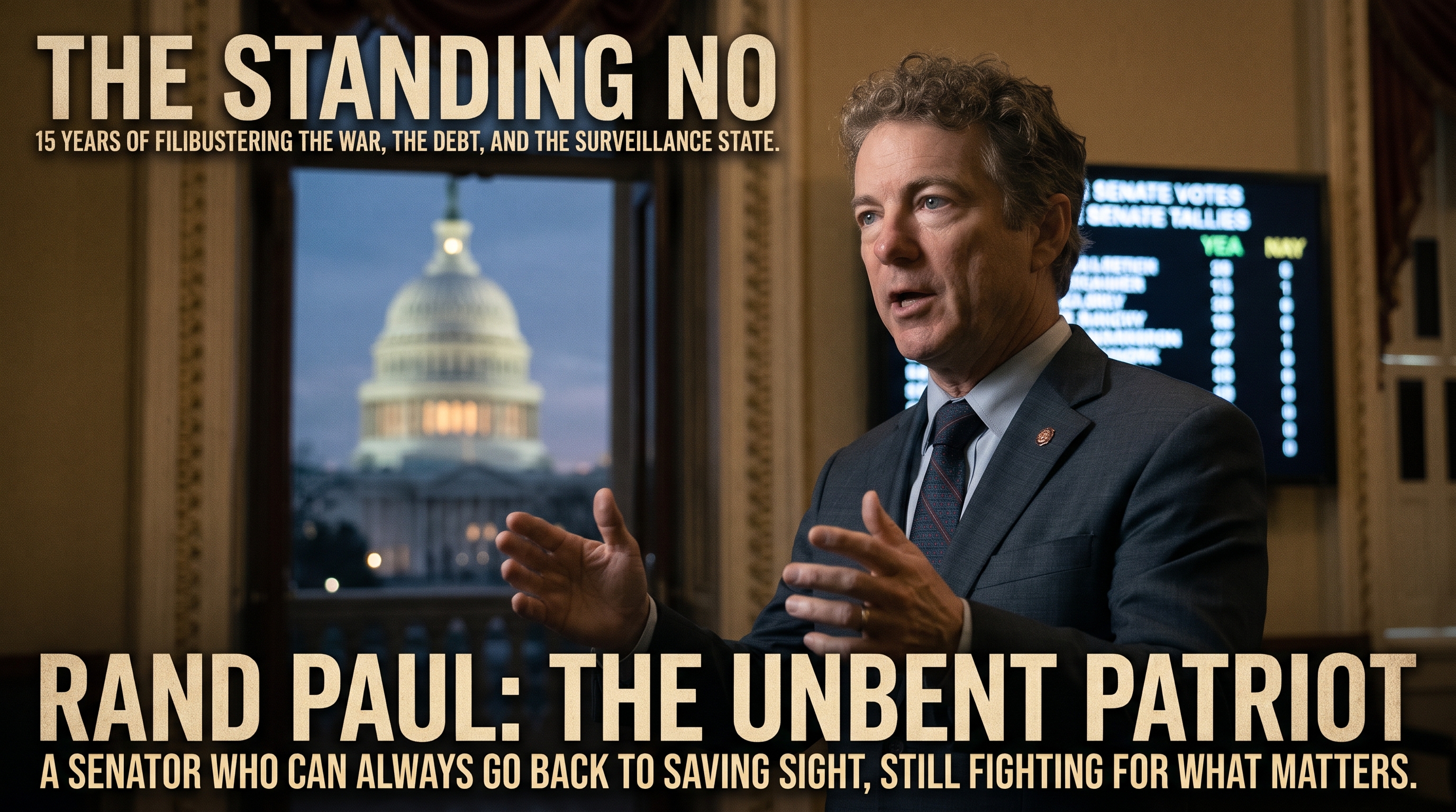 A cinematic graphic titled &lsquo;THE STANDING NO &mdash; 15 YEARS OF FILIBUSTERING THE WAR, THE DEBT, AND THE SURVEILLANCE STATE.&rsquo; Senator Rand Paul stands mid-gesture in a dim Senate setting, the lit dome of the US Capitol framed in a window behind him and a Senate vote tally board reading &lsquo;YEA / NAY&rsquo; on the right. Bottom caption: &lsquo;RAND PAUL: THE UNBENT PATRIOT &mdash; A SENATOR WHO CAN ALWAYS GO BACK TO SAVING SIGHT, STILL FIGHTING FOR WHAT MATTERS.&rsquo;