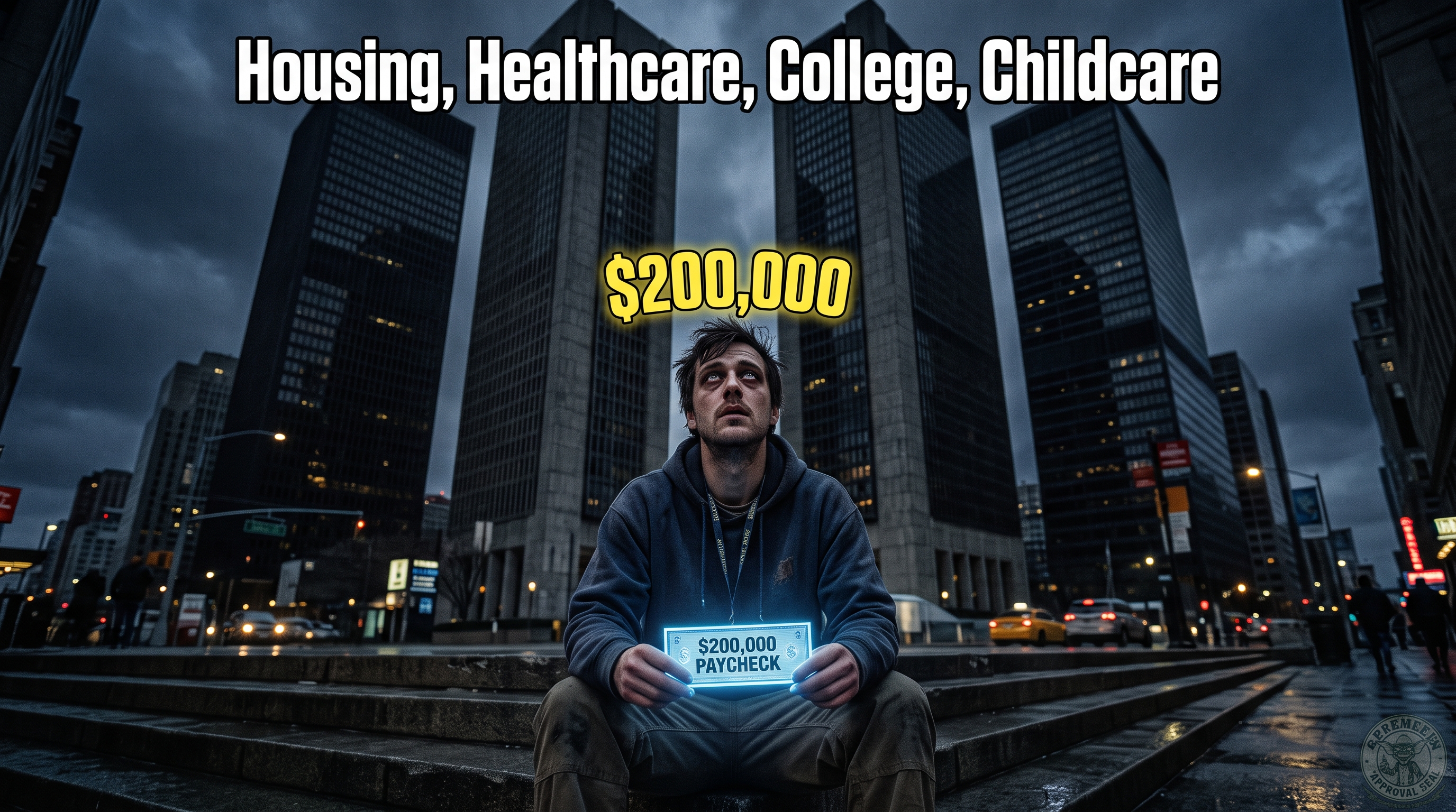 A weary, unshaven man in a worn hoodie sits alone on wet concrete steps in a downtown financial district at dusk, glass skyscrapers towering over him. He stares up at a glowing yellow &lsquo;$200,000&rsquo; floating above his head while clutching a softly glowing check stamped &lsquo;$200,000 PAYCHECK.&rsquo; Bold white text across the top reads &lsquo;Housing, Healthcare, College, Childcare.&rsquo; A gremlin &lsquo;Approval Seal&rsquo; sits in the lower-right corner.