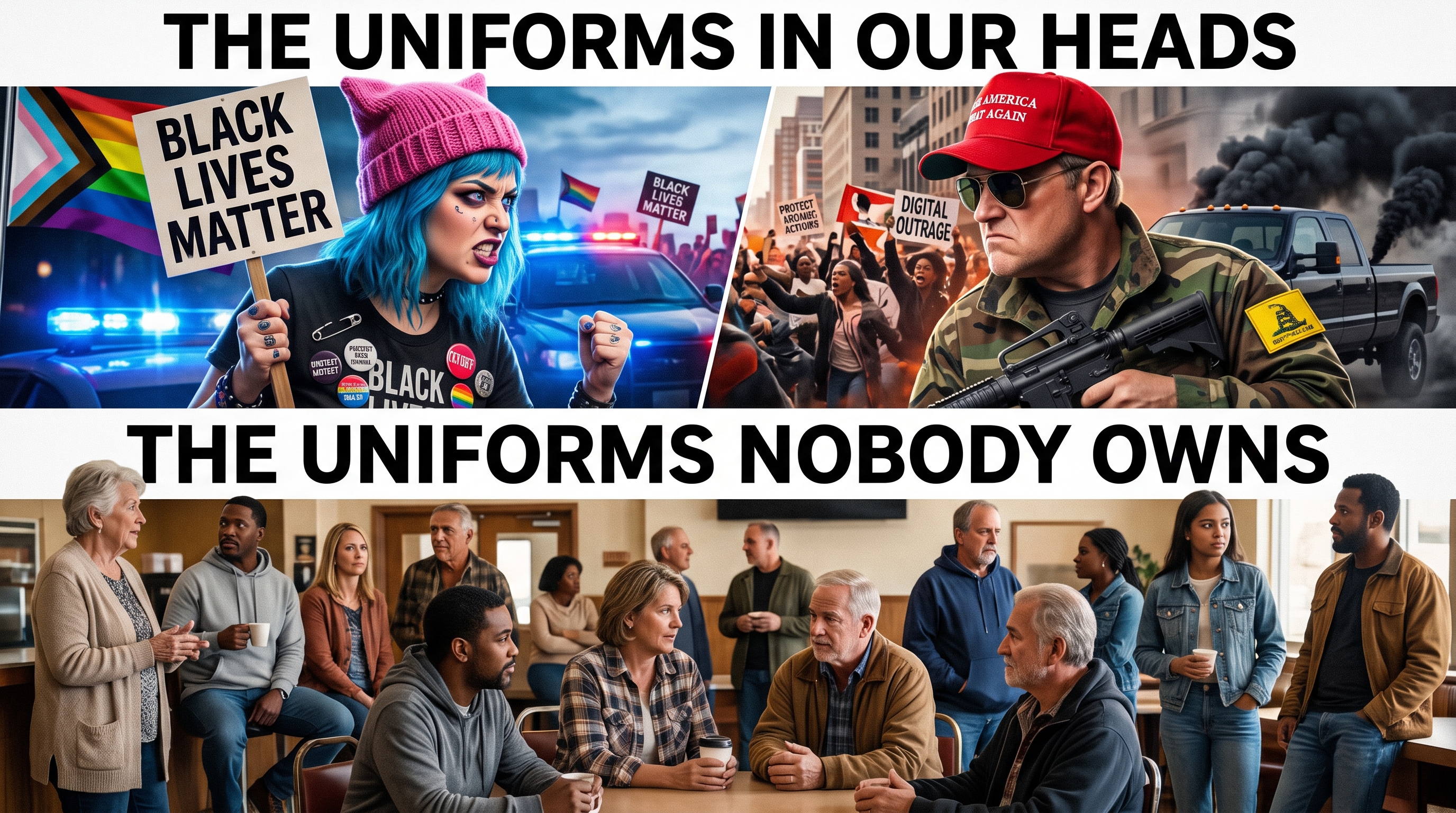 A two-panel meme. Top panel, &lsquo;THE UNIFORMS IN OUR HEADS&rsquo;: a caricatured blue-haired protester in a pink knitted cap holding a &lsquo;BLACK LIVES MATTER&rsquo; sign and covered in buttons, facing a caricatured older man in a red &lsquo;MAKE AMERICA GREAT AGAIN&rsquo; hat, aviator sunglasses and camo, cradling a rifle beside a Gadsden-flag pickup belching coal smoke &mdash; the costumes each tribe paints on the other. Bottom panel, &lsquo;THE UNIFORMS NOBODY OWNS&rsquo;: a dozen ordinary Americans of every age and race in plain hoodies, flannel and denim, talking over coffee in a community room &mdash; what the country actually wears.