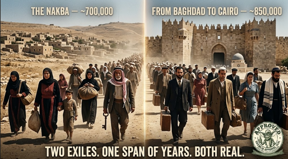A single wide cinematic frame split by a thin seam of light down the middle, two columns of refugees walking in opposite directions on a dusty road under a hard 1948 sun. LEFT column, labeled &lsquo;THE NAKBA &mdash; ~700,000&rsquo;: Palestinian families in 1948 dress carrying bundles and an old iron house key, looking back over their shoulders at a village behind them. RIGHT column, labeled &lsquo;FROM BAGHDAD TO CAIRO &mdash; ~850,000&rsquo;: Jewish families with battered suitcases and prayer shawls leaving the gates of an Arab-world city, a synagogue shrinking behind them. The two columns pass each other at the seam without meeting eyes. Bottom caption: &lsquo;TWO EXILES. ONE SPAN OF YEARS. BOTH REAL.&rsquo; A circular Gremlin Approval Seal from thecrowncanbiteme.com sits in the lower-right corner.
