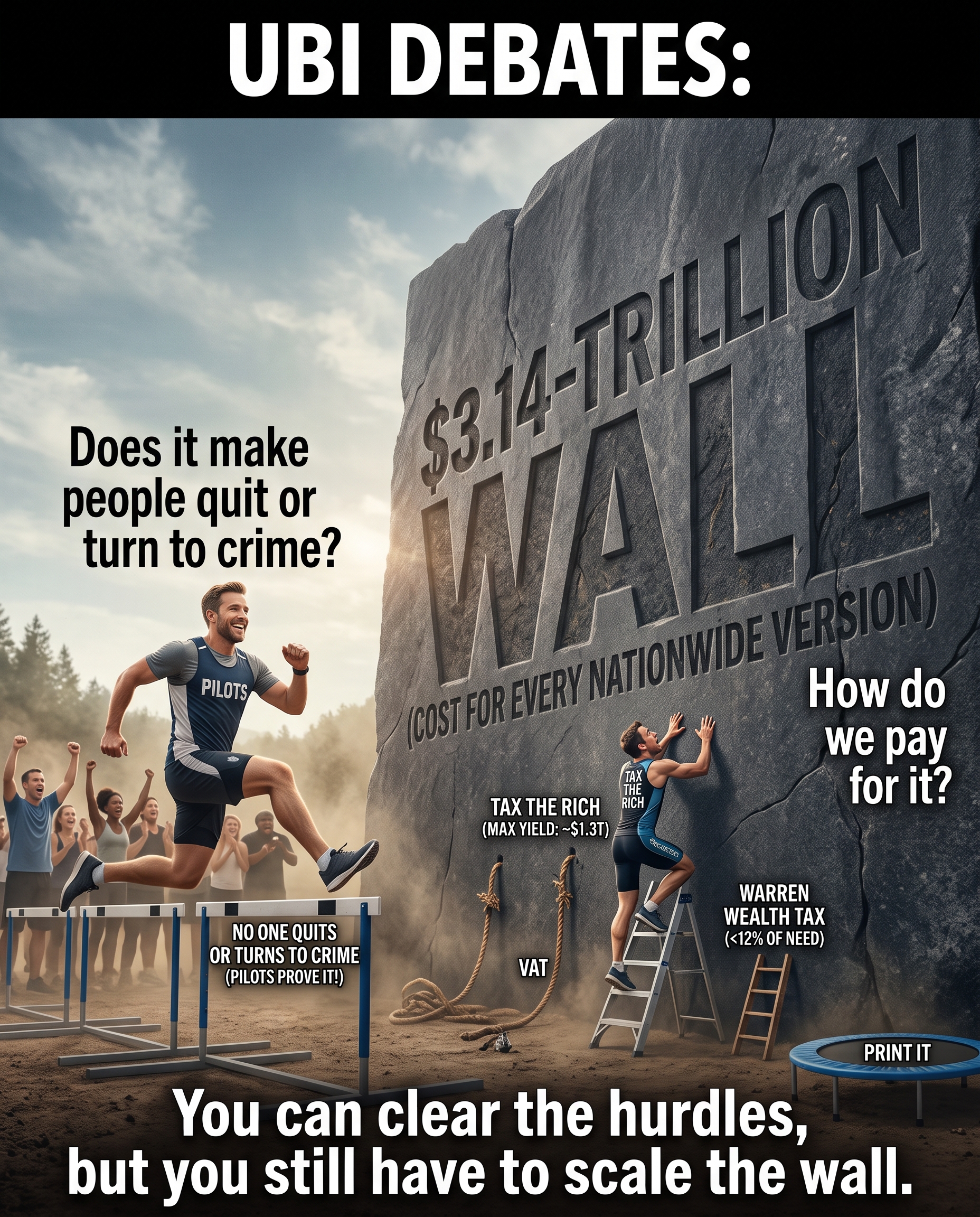 A meme titled &lsquo;UBI DEBATES&rsquo; staging the argument as a track-and-field event against a sheer rock face. On the LEFT, a smiling, strong athlete in a jersey reading &lsquo;PILOTS&rsquo; sails over a line of hurdles while a crowd cheers &mdash; captioned &lsquo;Does it make people quit or turn to crime?&rsquo; and, on the hurdles below, &lsquo;NO ONE QUITS OR TURNS TO CRIME (PILOTS PROVE IT!).&rsquo; On the RIGHT looms a giant stone wall carved &lsquo;$3.14-TRILLION WALL (COST FOR EVERY NATIONWIDE VERSION),&rsquo; captioned &lsquo;How do we pay for it?&rsquo; A smaller, straining athlete in a &lsquo;TAX THE RICH&rsquo; jersey claws up the rock from a short stepladder labeled &lsquo;TAX THE RICH (MAX YIELD: ~$1.3T),&rsquo; beside even shorter props &mdash; a coil of rope labeled &lsquo;VAT,&rsquo; a stubby ladder labeled &lsquo;WARREN WEALTH TAX (<12% OF NEED),&rsquo; and a tiny trampoline labeled &lsquo;PRINT IT.&rsquo; The bottom banner reads &lsquo;You can clear the hurdles, but you still have to scale the wall.&rsquo;