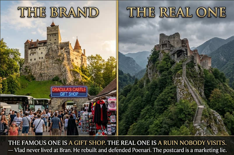 A split cinematic graphic contrasting two castles. LEFT panel, labeled &lsquo;THE BRAND&rsquo;: the pretty, intact fairy-tale Bran Castle on its green crag in golden tourist-brochure light, a glowing neon &lsquo;DRACULA&rsquo;S CASTLE &mdash; GIFT SHOP&rsquo; sign bolted to the gate, a tour bus and souvenir stalls with plastic fangs and capes below. RIGHT panel, labeled &lsquo;THE REAL ONE&rsquo;: the true stronghold &mdash; the broken, wind-scoured ruin of Poenari Fortress clinging to a remote Carpathian cliff at storm-light, 1,480 stone steps climbing to it, no crowds, no signs, just grey ramparts and a hard sky. A gold center seam divides the two halves. Bottom caption: &lsquo;THE FAMOUS ONE IS A GIFT SHOP. THE REAL ONE IS A RUIN NOBODY VISITS. &mdash; Vlad never lived at Bran. He rebuilt and defended Poenari. The postcard is a marketing lie.&rsquo;