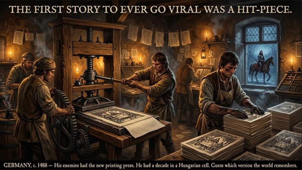 A dramatic, candle-lit 15th-century German print shop, shot like a Renaissance oil painting. In the foreground a heavy wooden printing press squeezes out a fresh sheet &mdash; a lurid woodcut of &lsquo;Dracole Wayda&rsquo; dining calmly at a table amid a forest of impaled bodies &mdash; while ink-stained printers stack a growing tower of identical pamphlets that seem to multiply toward the viewer. Through a window behind them, faint and ignored in the dusk, rides the real armored prince alone on a horse, small and human. Warm candlelight on the press, cold blue twilight on the forgotten man. Top caption: &lsquo;THE FIRST STORY TO EVER GO VIRAL WAS A HIT-PIECE.&rsquo; Bottom caption: &lsquo;GERMANY, c. 1488 &mdash; His enemies had the new printing press. He had a decade in a Hungarian cell. Guess which version the world remembers.&rsquo;