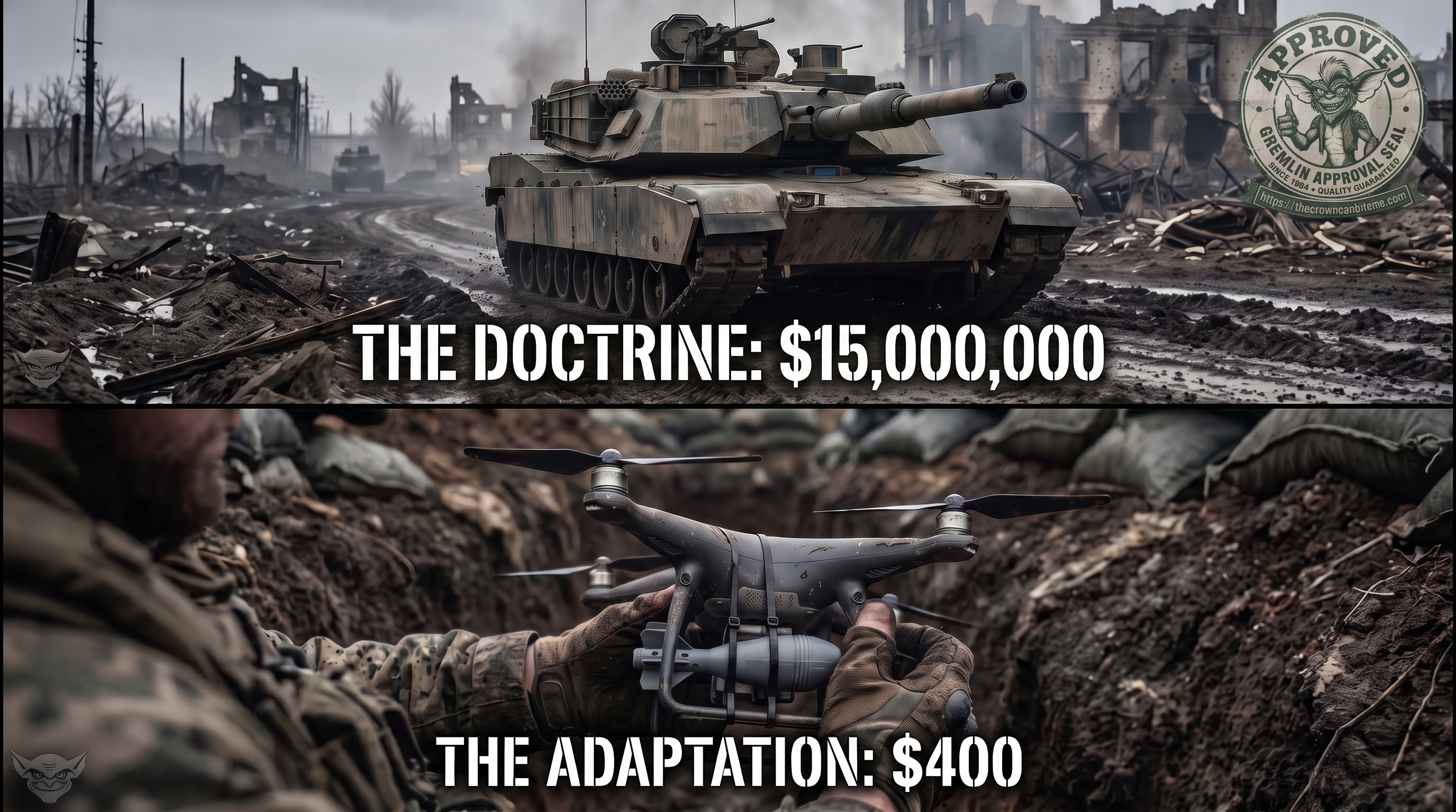 Two-panel meme titled &lsquo;WAR ARITHMETIC.&rsquo; Top panel, &lsquo;THE DOCTRINE: $15,000,000&rsquo;: a camouflaged main battle tank rolls down a muddy, bombed-out street past ruined buildings. Bottom panel, &lsquo;THE ADAPTATION: $400&rsquo;: a soldier&rsquo;s gloved hands in a trench hold a small commercial FPV quadcopter drone rigged with a munition. Stamped with a Gremlin &lsquo;Approved&rsquo; seal.