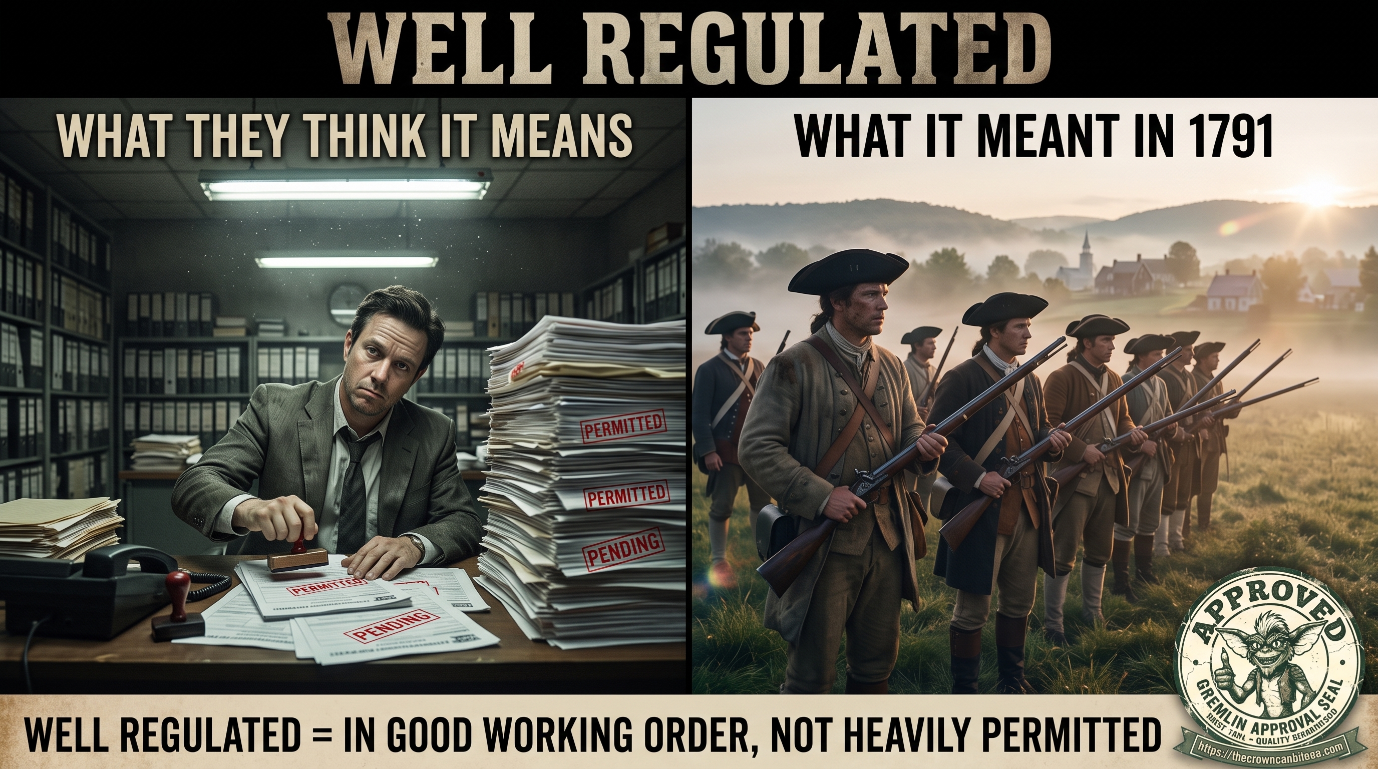 A two-panel meme titled &lsquo;WELL REGULATED.&rsquo; LEFT panel, labeled &lsquo;WHAT THEY THINK IT MEANS,&rsquo; shows a modern bureaucrat stamping a stack of government permit forms. RIGHT panel, labeled &lsquo;WHAT IT MEANT IN 1791,&rsquo; shows a line of colonial militiamen standing in good order with their own muskets, well-drilled and ready. Bottom banner reads &lsquo;WELL REGULATED = IN GOOD WORKING ORDER, NOT HEAVILY PERMITTED.&rsquo; A circular Gremlin Approval Seal from thecrowncanbiteme.com sits in the lower-right corner.